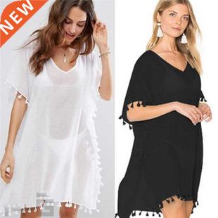 Women Beach Dress Solid Swim Wear Bikini ver Ups with Tassel