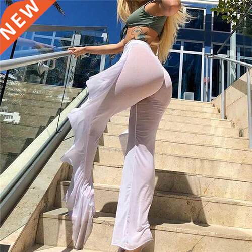 Ruffle High Waist Pants Long See Through Ladies Trousers2021