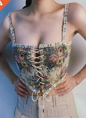 2021 Women Elegant Designer French Vintage Print Halter Tops