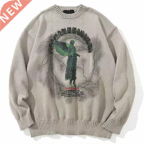 Men Hip Hop Knitted Jumper Sweaters Angel Lightning Printed