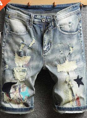 2021 Summer New Men's Denim Shorts Retro Embroidery Ripped S