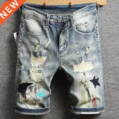 2021 Summer New Men's Denim Shorts Retro Embroidery Ripped S