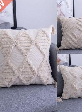 Boho Tufted Throw Pillow Cover with Handwoven Stripes