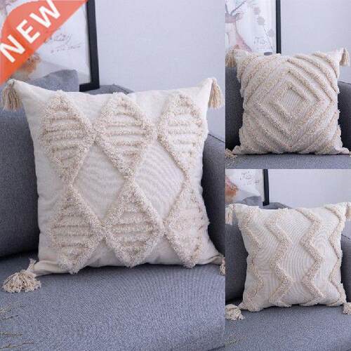 Boho Tufted Throw Pillow Cover with Handwoven Stripes