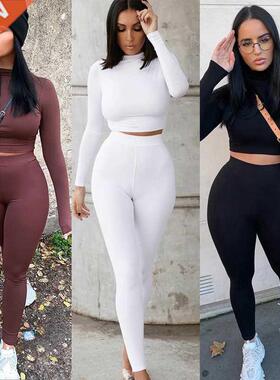 Two Piece Sets Women Solid Autumn Tracksuits High Waist Stre