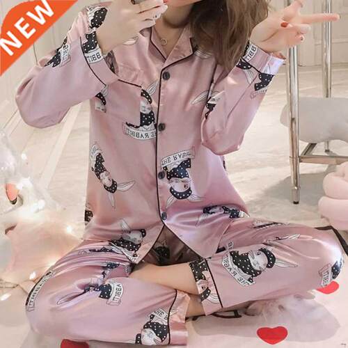 Full Sleeve Silk Pajamas Set 2021 Autumn Women Pajama Sets S