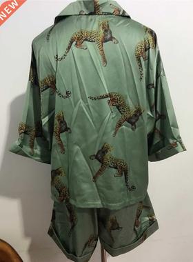Animal Leoad Satin Shot Shit ajama Suits Elastic Waist