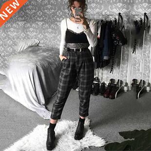 Plaid Pants Women Streetwear Cool Girl High Waist Trousers h