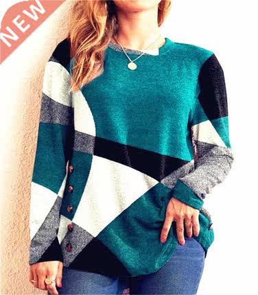 2022 Button Geometric Contrast Long Sleeve Printed Loose T-s