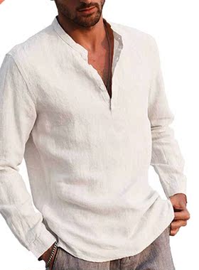 Men’ s Shirt Cotton linen Solid Color Stand Collar Lon