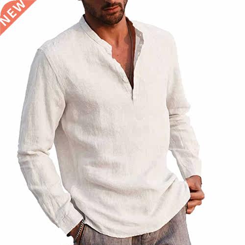 Men’ s Shirt Cotton linen Solid Color Stand Collar Lon