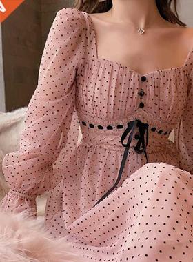 French Vintge Midi Dress Women Puffer Sleeve Squre Collor