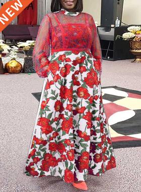 5XL Plus Size Sundress 2023 Autumn Women Long Sleeve Bohemi