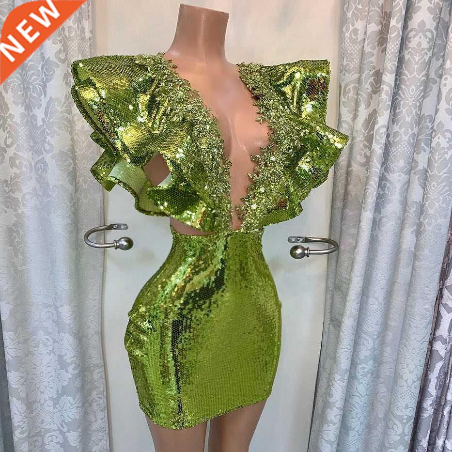 Green Sequned Prom Gowns Short Beaded Deep V-Neck Duab Par - 实物图