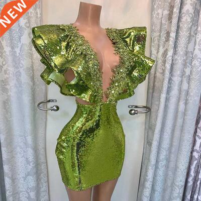 Green Sequned Prom Gowns Short Beaded Deep V-Neck Duab Par