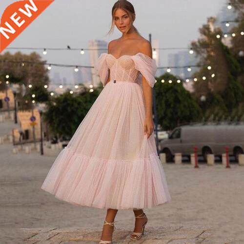 LORIE Blush Pink Off the Shoulder Dot Tulle Short Wedding Dr