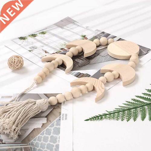 Moon Phase Wall Hanging Wood Bead Garland With Tassel Boho H