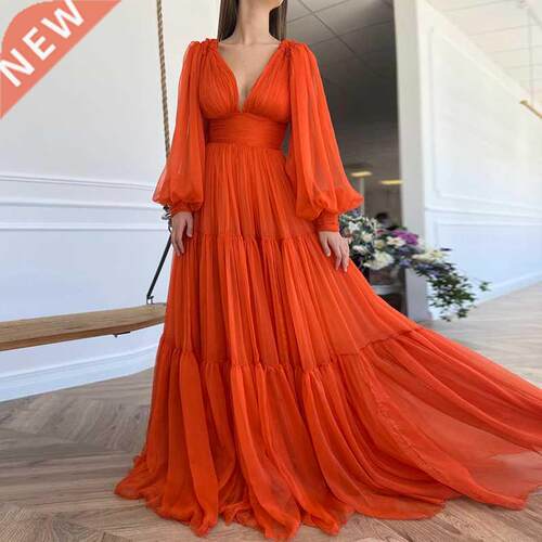 Long Sleeves Simple Prom Dresses Orange Chiffon Pleated V-Ne