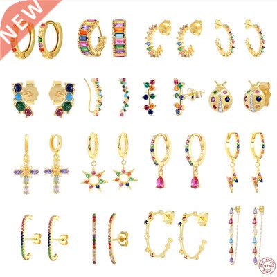 Authentic 925 Sterling Silver Stud Earrings Colorful Zircon