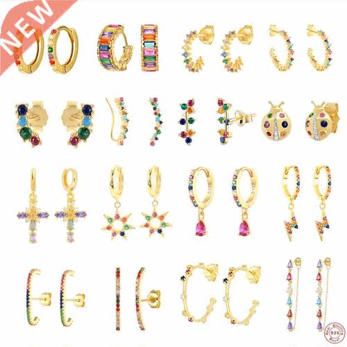 Authentic 925 Sterling Silver Stud Earrings Colorful Zircon