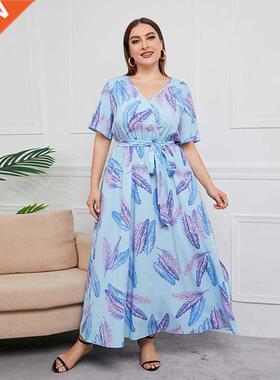 XL-5XL large print blue short sleeve lady dress大码蓝色女裙