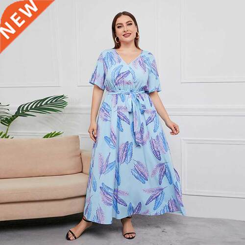 XL-5XL large print blue short sleeve lady dress大码蓝色女裙