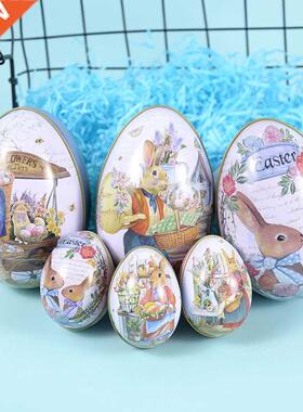 1pc Easter Egg Tinplate Box Cartoon Rabbit Printed Fillable