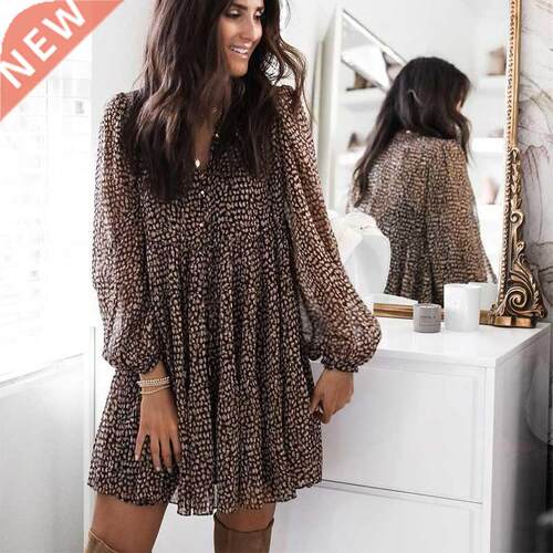 Lantern Sleeve Dot Print Ruffles Women Dress 2021 Casual V-n