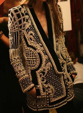 2022 Beading Design Jacket Women Long Sleeve V-Neck Vintage
