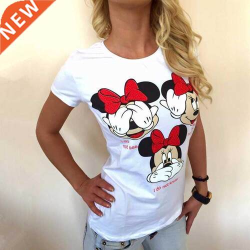 Three Mickey Mouse Print Women T shirt Cartoon Summer Top La