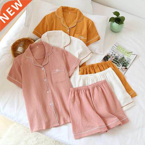 Japanese summer couple womens pajamas suit cotton crepe ladi