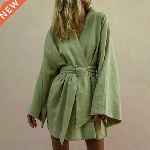 Lace Up Women's V-Neck Kimono Cardigan Mini Dress Cotton Lin