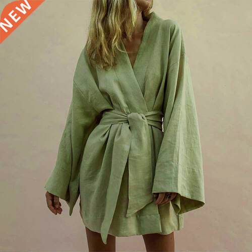 Lace Up Women's V-Neck Kimono Cardigan Mini Dress Cotton Lin