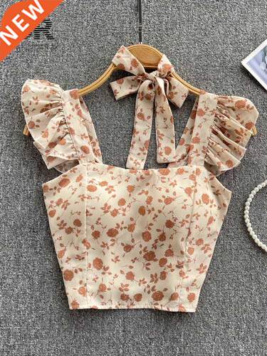 SINGREINY Summer Floral Strap Tops Women Square Neck Bow Ruf