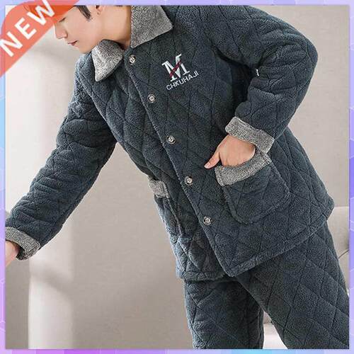 Men's Pajamas Set Winter Warm Flannel Thicken Male Pajamas S