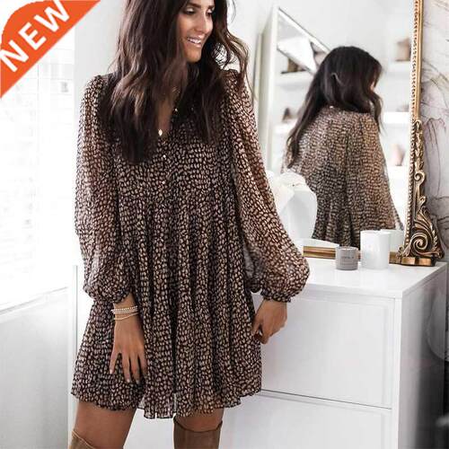 Lantern Sleeve Dot Print Ruffles Women Dress 2021 Casual V-n