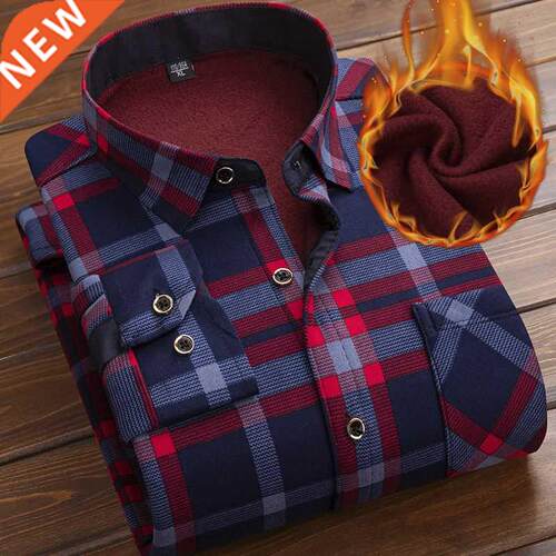 Autumn Winter Thicken Fleece Shirt Men Business Plaid Shirt