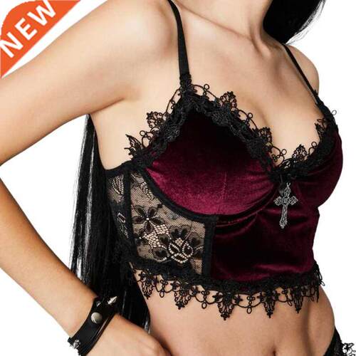 Velvet Y2K Mall Goth Crop Tops Black Lace Trim Emo Alternati
