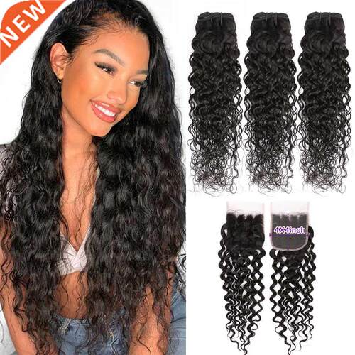 3 Bundles With Closure Brazilian Hair Water Wave Weave Bundl