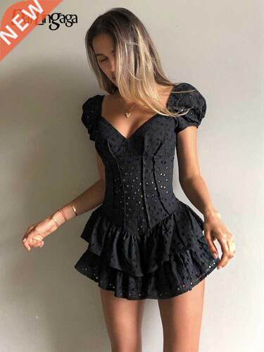 Darlingaga Fashion V Neck Ruffles Pleated Dress Women Puff S