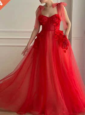 New Red Tulle A Line Prom Dresses Long Adjust Ties Straps 3D