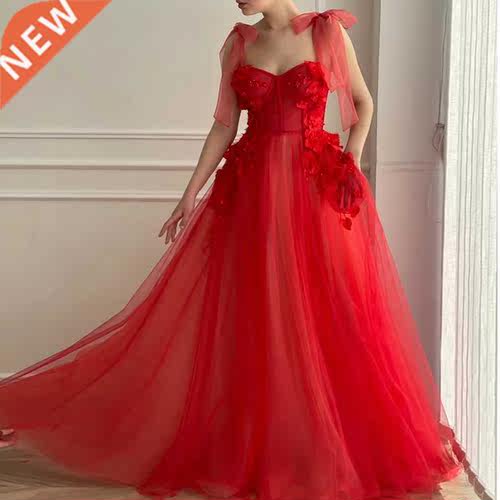 New Red Tulle A Line Prom Dresses Long Adjust Ties Straps 3D
