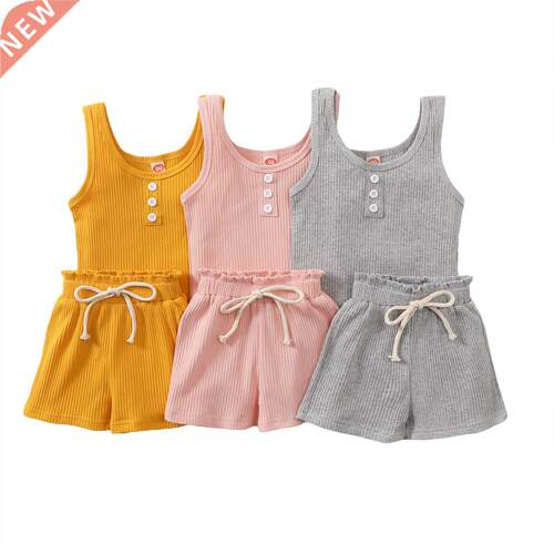 2Pcs Toddlers Summer Tracksuit, Solid Color Ribbed O-Neck Ve