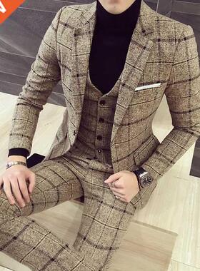 Chaqueta de negocios a cuadros para hombre, traje de tres pi
