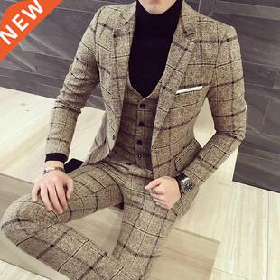 Chaqueta de negocios a cuadros para hombre, traje de tres pi