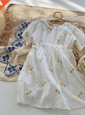 2022 New Childern Kids Yellow Flower Cotton Short Sleeve Fas