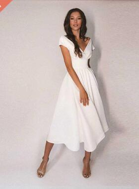 Modest V-Neck Tea Length Short Sleeve Wedding Dresses Jersey