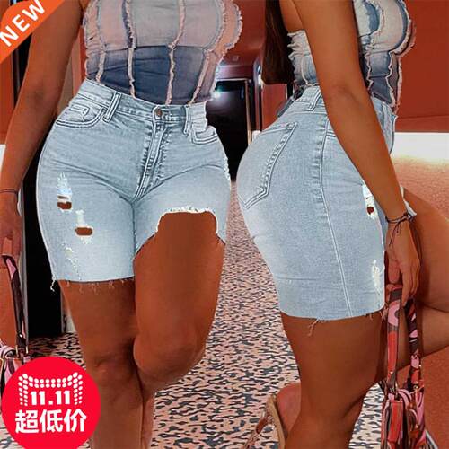 3XL Large hole irregular denim orts for ladies大码牛仔短裤
