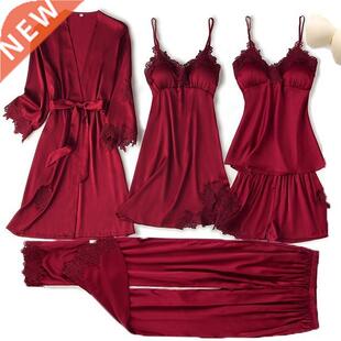 Pajama Set Women Lace Trim Satin Sleepwear Pyjamas Pour Femm
