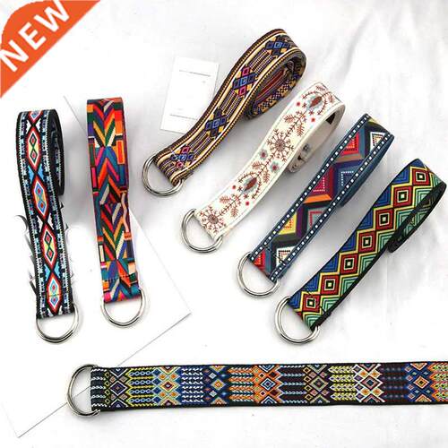Ethnic yle Print Belt Women Metal D Ring Buckle Wai r